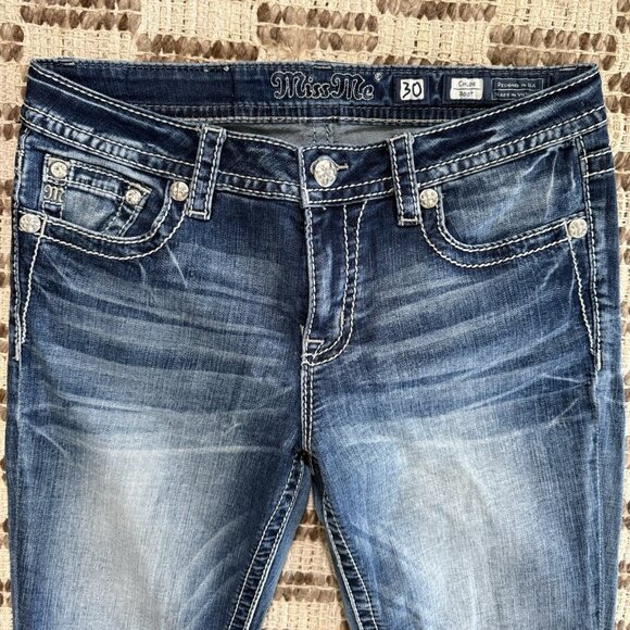 Y2K Miss Me Chloe Boot Cut Jeans Sz 30 Rhinestone Embellished Bling Back Pockets - Picture 3 of 12